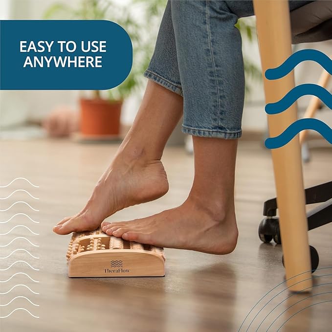 TheraFlow Foot Massager for Plantar Fasciitis Relief - Mom Gifts for Women & Gifts for Dad, Wooden Foot Roller Massager with Deep Tissue & Reflexology Nubs (Includes Reflexology Chart)