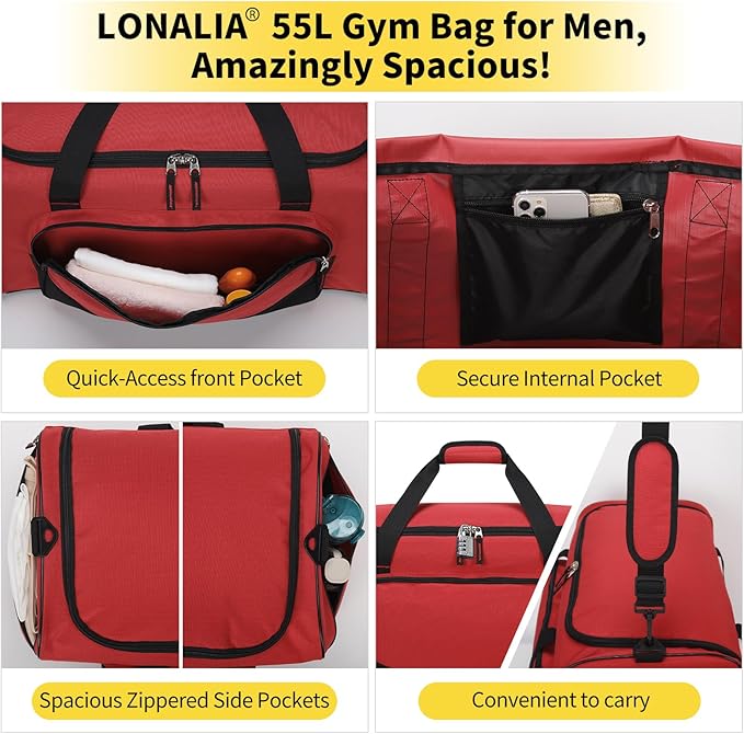 55L Large Gym Duffle Bag for Men - 22 inch Men's Sports Bag Heavy Duty Duffel Bag（Red)