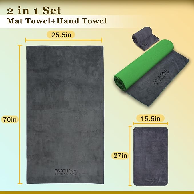 Hot Yoga Towel Non Slip Extra Thick Yoga Mat Towel + Hand Towel 2in1 Set, Dual-Sided Sweat Absorbent Microfiber for Hot Yoga, Pilates, Fitness (70"x25.5"+27"x15.5"), Grey Front with Green