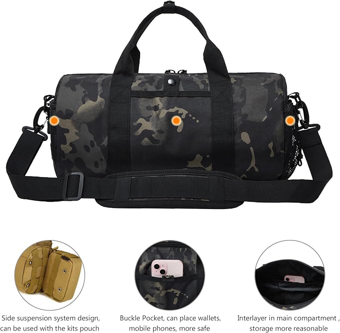 ArcEnCiel Small Tactical Duffle Bag Men Gym Pack Military Molle Shoulder Bags Shoes Storage Sports Handbag with Patch (Black Camo)