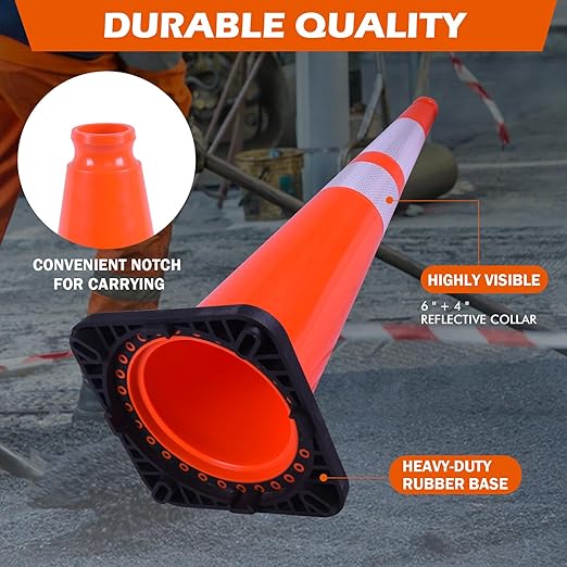 6 Pack 36" Orange Traffic Safety Cones with Reflective Collars- Durable PVC Cones with Weighted Black Base for Driveways, Work Zones & Event Control