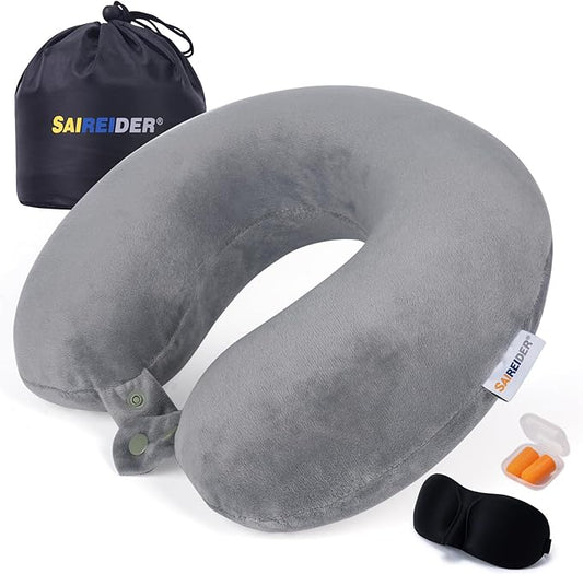 SAIREIDER Airplane Pillow 100% Memory Foam Neck Pillow for Airplanes Flight Rest Best Adjustable Travel Neck Support Pillows-Prevent The Heads from Falling Forward (Grey)