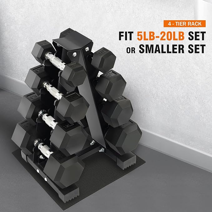 Fitvids Fitvids Rubber Coated Hex Dumbbell Weight Set and Storage Rack, 100LB Set or 150LB Set, 5-20 lbs Pairs or 5-25 lbs Pairs