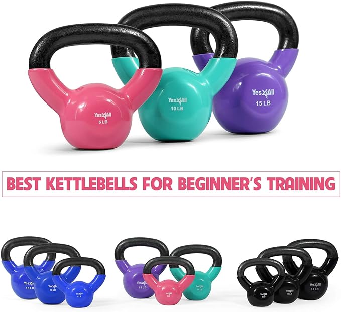 Yes4All Kettlebell, Vinyl Coated Kettlebell Cast Iron Sets with Stable Flat Bottom for Full Body Workout, Push up, Grip Strength Training & Weights Exercises