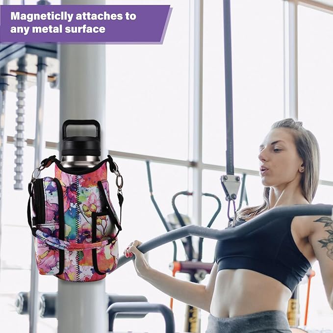 icolor Magnetic Gym Bag Water Bottle Carrier Holder with Phone Pockets & Shoulder Strap,Gym Magnetic Bag 5 Built-in Magnets Gym Accessories Organizer Magnetic Bottle Pouch Sleeve for Men Women