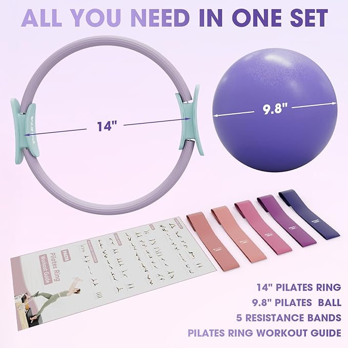 PAETA Pilates Ring Set – 14” Magic Circle (38 lbs Resistance), 9.8” Pilates Ball, 5 Resistance Bands, and Exercise Guide Included for Home Workouts