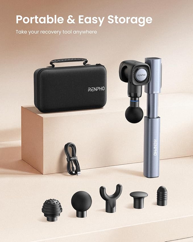 RENPHO Massage Gun with Adjustable Angles and Extension Handle, Handheld Percussion Muscle Massager Deep Tissue with Portable Carry Case for Men Women, Extend 2