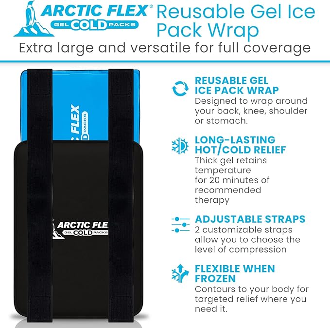 Arctic Flex Large Ice Packs for Injuries Reusable (17" x 12") Durable Gel Soft Ice Pack for Injuries Relief, Hot/Cold Therapy - Flexible Cold Packs, Adjustable for Back, Knee or Shoulder Pain Relief