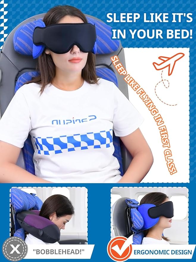 Travel Pillows for Airplanes, Airplane Pillow for Long Flight, Airplane Head Strap with Sleep Eye Mask, 360° Headrest for Car Road Trip, Stop Bobblehead, Red
