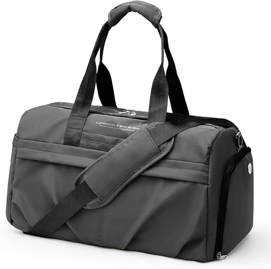 Gym Bag for Women Men with Shoe Compartment, Sport Duffel Bag, Waterproof Travel Weekender Overnight Carry on Bag for Yoga with Trolley Sleeve, Grey