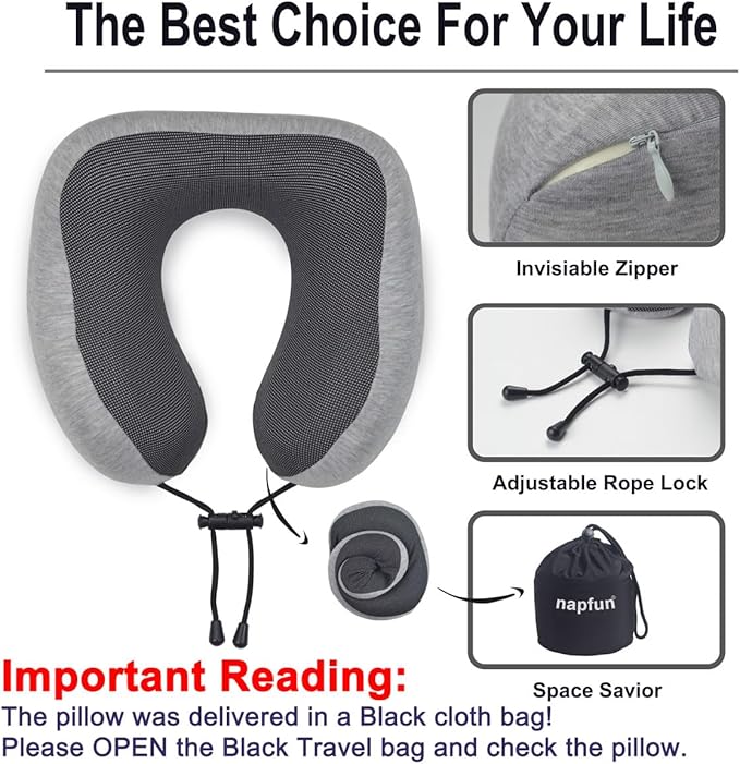 napfun Neck Pillow for Traveling, Travel Neck Pillow for Airplane 100% Pure Memory Foam Travel Pillow for Flight Headrest Sleep, Portable Plane Accessories, Light Grey Set