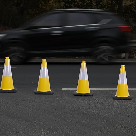 OrangeStar 4-Pack 18" Traffic Cones with Reflective Collar & Weighted Base, Yellow Safety Cones for Driving Practice, Parking Lots, Construction - Flexible PVC for Indoor Outdoor Use