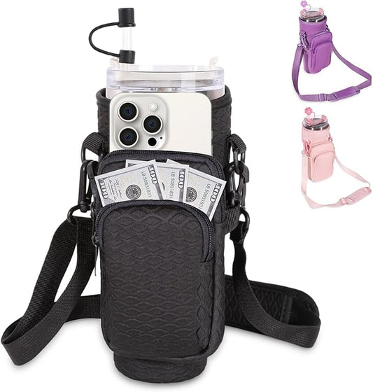 &And Per Se Water Bottle Carrier Bag, 30oz Water Bottle Holder with Detachable Phone Pocket, Food-Grade Straw Cover, Bag Charm and Adjustable Shoulder Strap (Black)