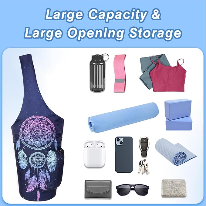 Yoga Mat Bag - Large Opening Long Tote Yoga Mat Carrier Holder Bag with Waterproof Wet Zipper Pocket and Drawstring Water Bottle Pocket - Yoga Bag Fit Most Size Mats