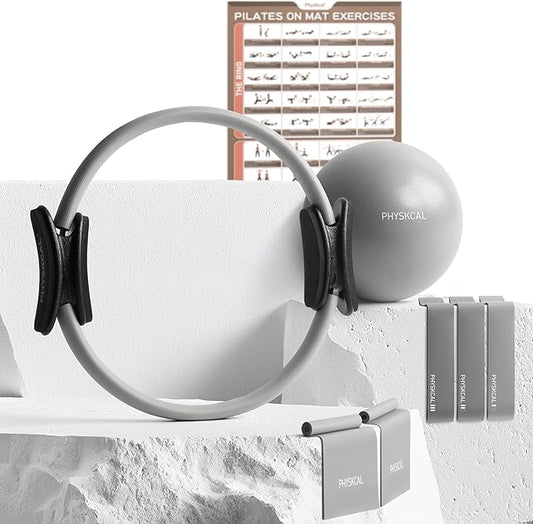 Pilates Kit, 15-Inch Pilates Ring with 1x Core Ball, 3X Resistant Loops and 2X Flex Bands, Home Pilates on Mat Essential Kit