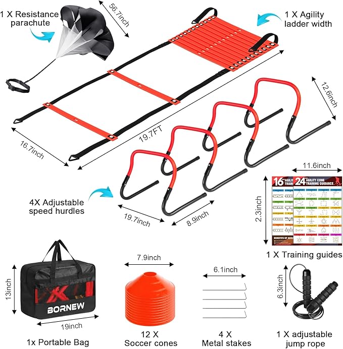 Agility Ladder, Soccer Speed Training Equipment, Football Practise Set with 20ft Ladder, 12 Cones, 4 Adjustable Hurdles, Jump Rope, Parachute, for Basketball, Football, Kids, Youth, Adults
