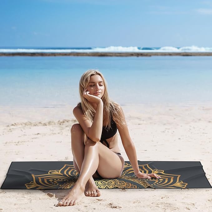 Colorful Star Large Yoga Towel with Corner Pockets, Non Slip Grip Dots Sweat Absorbent Hot Yoga Mat Towels, Yoga Blankets with Travel Bag, Mat Cover for Workout, Gym, Fitness - 74"x26", Gold Mandala
