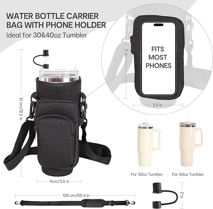 &And Per Se Water Bottle Carrier Bag, 30oz Water Bottle Holder with Detachable Phone Pocket, Food-Grade Straw Cover, Bag Charm and Adjustable Shoulder Strap (Black)