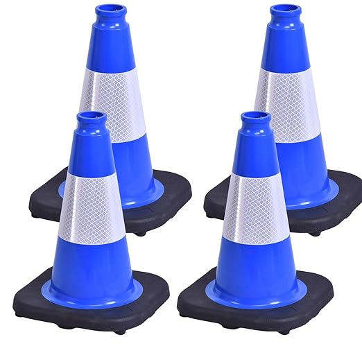 BESEA 4Pack 18 Inch Blue Traffic Cones with 6 Inch Reflective Collar, Heavy Duty PVC Safety Cones with 10.5 x 10.5 Inch Base for Parking, Driving Practice, Sports Training, and Construction