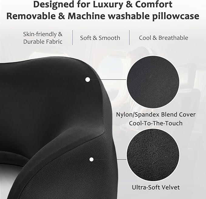Travel Pillow, Memory Foam Neck Pillow for Airplane, Ergonomic Neck Support with Washable & Breathable Cover, Includes Eye Mask, Earplugs & Compact Bag for Long Flights, Cars, Home & Office (Black)