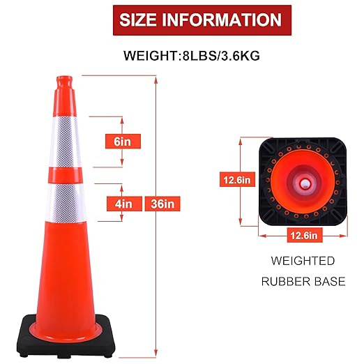 OrangeStar 36" Traffic Cones 8-Pack, Orange Safety Cones with Reflective Collars, Weighted Rubber Base for Parking, Construction, Road Safety, Indoor & Outdoor Use