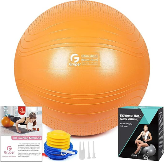Gruper Yoga Ball, 18-30 Inch Extra Thick Exercise Ball for Workout Fitness Balance, Anti Burst Chair for Home and Office Desk, Includes Hand Pump & Workout Guide Access