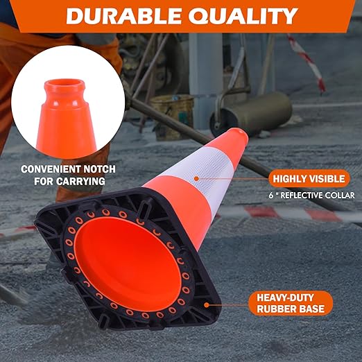 6 Pack 18" Orange PVC Traffic Safety Cones with Reflective Stripes, Black Base Road Cones for Parking Lots, Driveways, School Zones, and Event Crowd Control (Orange, 18 inch -6 Pack)