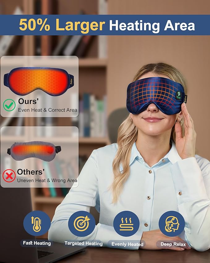 BeeVines Cordless Heated Eye Mask, Electric Heat Eye Masks for Dry Eyes, Light Blocking Warm Compress for Women Men, Rechargeable Eye Warmer with Travel Pouch & Washable Cover(Blue)