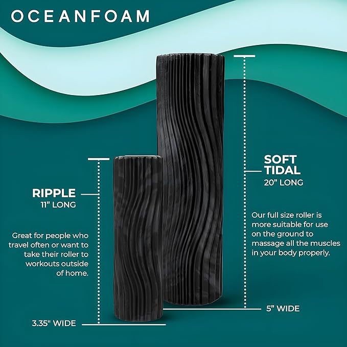 Oceanfoam Soft Tidal Roller (Black & Charcoal Marbled) - Low Density Foam Roller for Physical Therapy, Back Pain, Exercise & Stretching - Wave Textured - Yoga & Wellness - Full Size, 20" x 5"