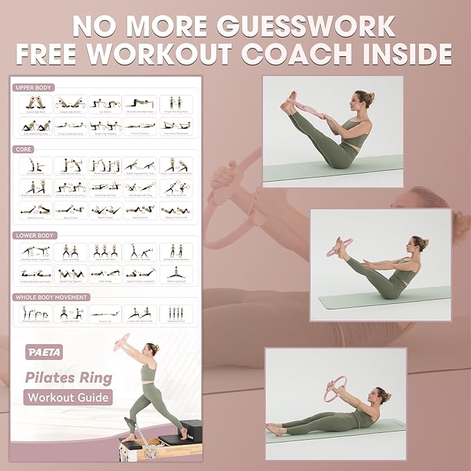 PAETA Pilates Ring Set – 14” Magic Circle (38 lbs Resistance), 9.8” Pilates Ball, 5 Resistance Bands, and Exercise Guide Included for Home Workouts