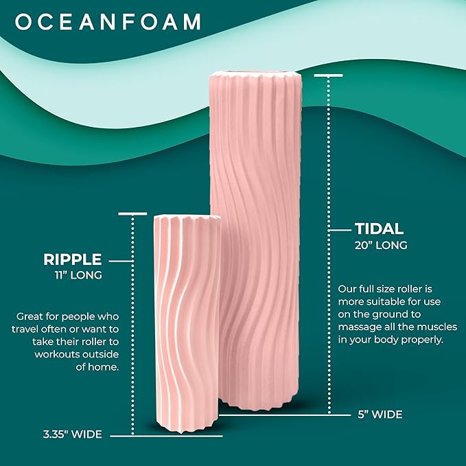 Oceanfoam Tidal Roller - Blush - Muscle Massage Foam Roller for Back Pain & Stretching - Firm and Ergonomic Wide Wave Textured - Yoga, Athletics, & Wellness - Full Size, 20" x 5"