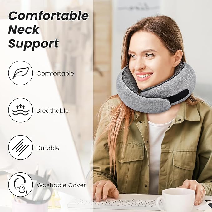 SZXYX Neck Travel Pillows for Airplanes, 100% Pure Memory Foam Neck Pillow for Airplanes, Comfortable Breathable Cover, 360° Support Stowable Pillows for Sleeping, Car, Airport Travel Essentials L