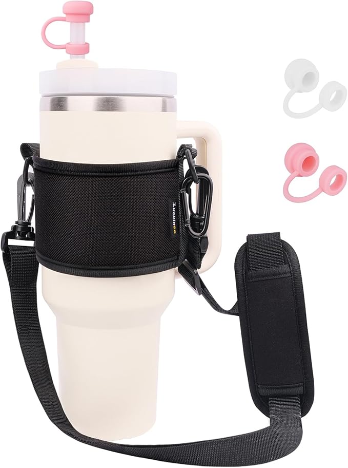 Water Bottle Carrier Holder with Shoulder Strap Water Bottle Handle Strap Sling for Stanley 30&40oz Tumblers with 2pc Straw Covers Toppers for Stanley Cup Holder (Black)