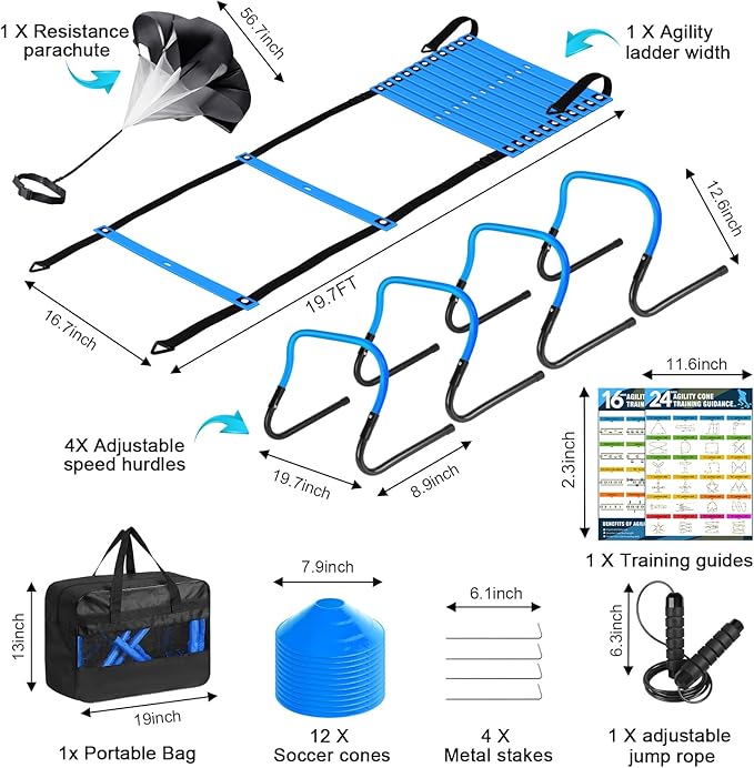 Agility Ladder, Soccer Speed Training Equipment, Football Practise Set with 20ft Ladder, 12 Cones, 4 Adjustable Hurdles, Jump Rope, Parachute, for Basketball, Football, Kids, Youth, Adults