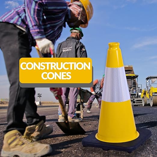 BESEA 6Pack 18 Inch Yellow Traffic Cones with 6 Inch Reflective Collar, Heavy Duty PVC Safety Cones with 10.5 x 10.5 Inch Base for Parking, Driving Practice, Sports Training, and Construction
