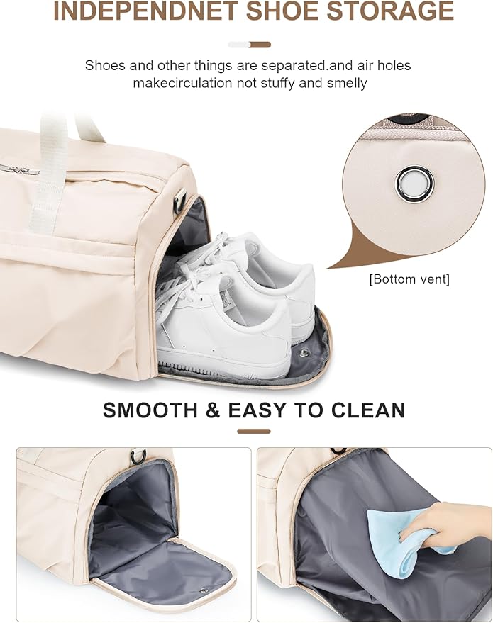 Gym Bag for Women Men with Shoe Compartment, Sport Duffel Bag, Waterproof Travel Weekender Overnight Carry on Bag for Yoga with Trolley Sleeve, Beige