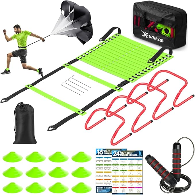 Agility Ladder Speed Training Equipment Set-20ft Agility Ladder,12 Soccer Cones,4 Hurdles, Jump Rope, Running Parachute| Basketball Football Soccer Training Equipment for Kids Youth Adults