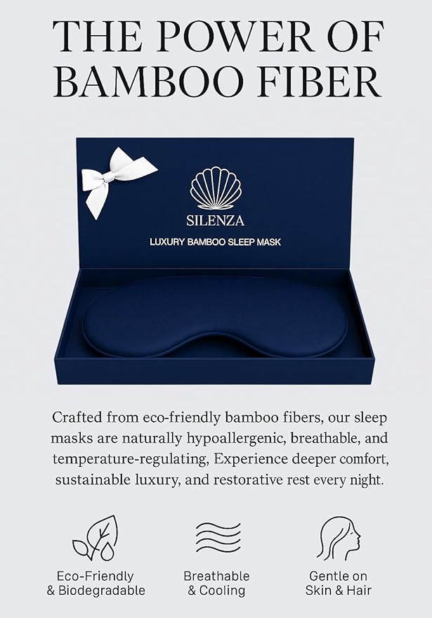 Luxury Bamboo Sleep Mask – Ultra-Soft Cooling Eye Mask for 100% Light Blocking, Adjustable Comfort Strap, Perfect for Travel & Better Sleep (Navy)