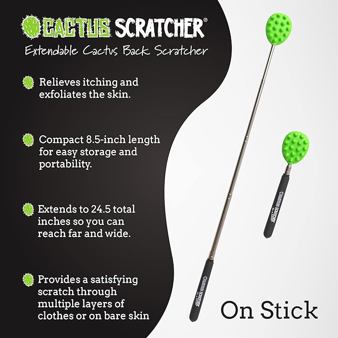 Cactus Scratcher Extendable Telescopic Back Scratcher - Extends 25" Long Double Sided Retractable Scratching Tool for Hand, Neck, Head, and Body - Universal Gift for Family, Pets, and Friends, Glow