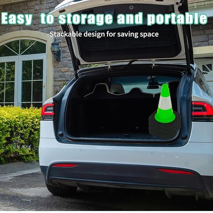 BESEA 12" inch Green Traffic Cones Safety Cones PVC Construction Cones with 4 inch Reflective Collar for Home Driveway Road Parking Use(8 Cones)