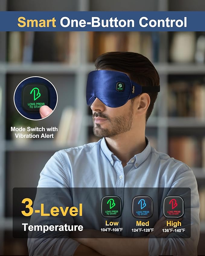 BeeVines Cordless Heated Eye Mask, Electric Heat Eye Masks for Dry Eyes, Light Blocking Warm Compress for Women Men, Rechargeable Eye Warmer with Travel Pouch & Washable Cover(Blue)