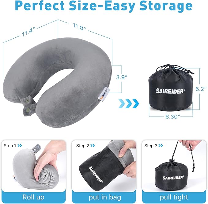 SAIREIDER Travel Pillows for Sleeping Airplane 100% Pure Memory Foam Neck Pillow for Airplanes Washable Cover with Storage Bag (Grey)