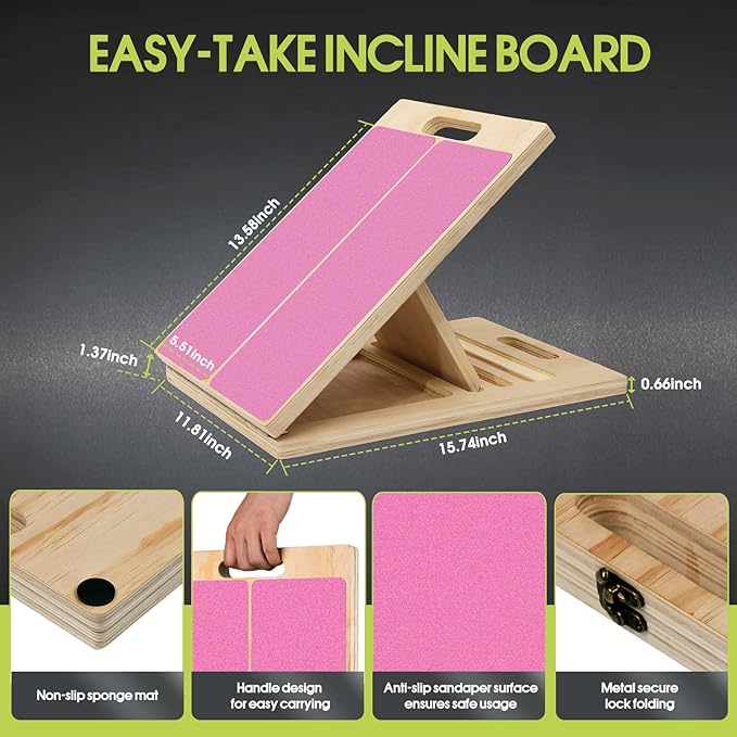 Portable Slant Board for Calf Stretching, 350 Lbs Weight Capacity, Adjustable Wooden Incline Board for Calf Stretcher, Physical Therapy Equipment for Leg, Knees, Heel, Ankle (Pink)