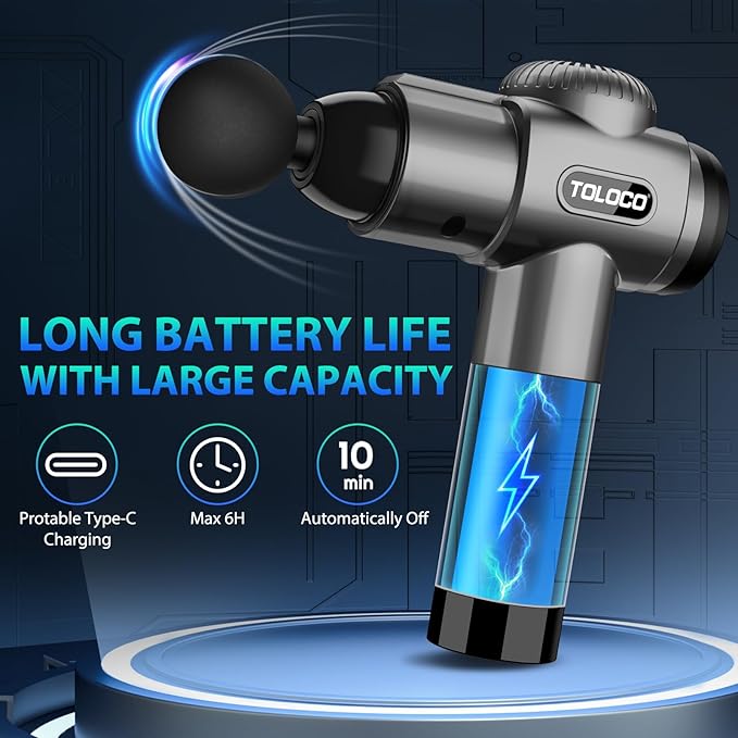 TOLOCO Massage Gun, Deep Tissue Back Massager for Athletes with 10 Massage Heads, Electric Muscle Percussion Massager for Any Pain Relief, FSA and HSA Eligible, Gifts for Fathers Day, Grey