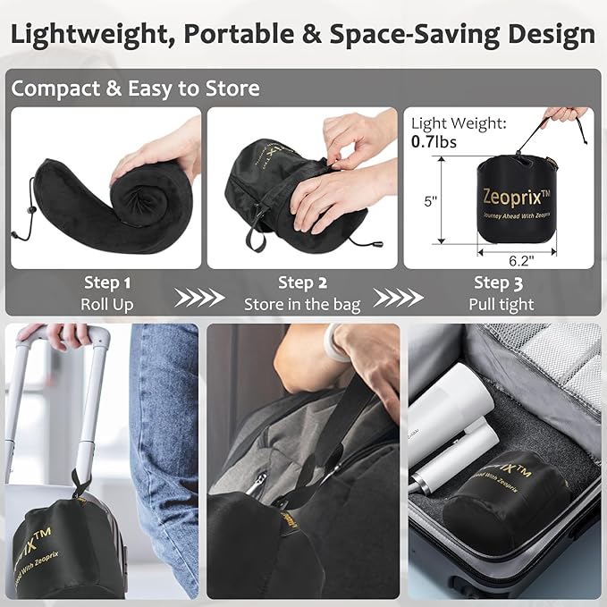 Travel Pillow, Memory Foam Neck Pillow for Airplane, Ergonomic Neck Support with Washable & Breathable Cover, Includes Eye Mask, Earplugs & Compact Bag for Long Flights, Cars, Home & Office (Black)