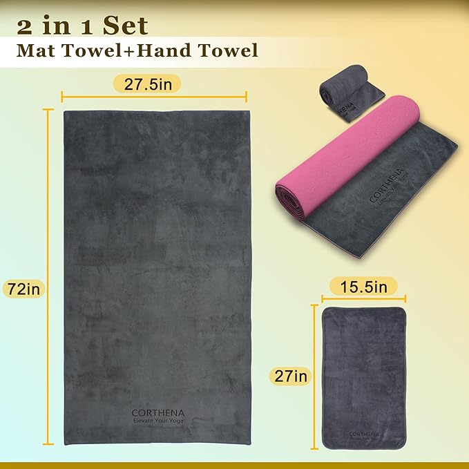 Hot Yoga Towel Set, 600GSM Yoga Mat Towel Extra Thick Dual-Color Microfiber, Soft Non-Slip Sweat Absorbent, 72" x 27.5" with Matching Hand Towel for Hot Yoga, Pilates, Fitness, Grey/Pink