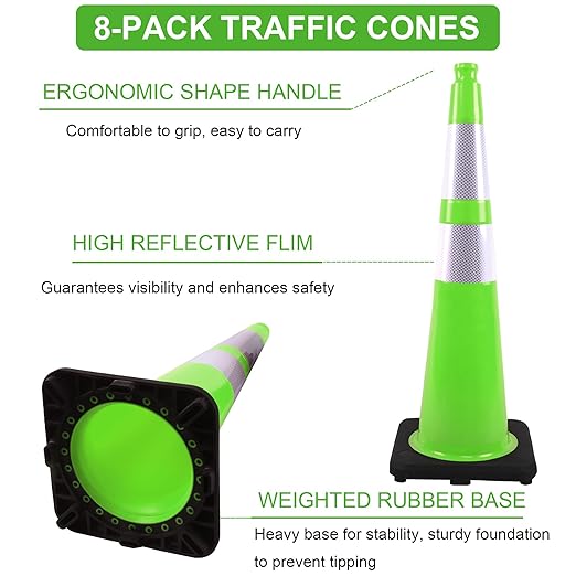 OrangeStar 36" Traffic Cones 8-Pack, Green Safety Cones with Reflective Collars, Heavy Weighted Base for Construction, Parking Lot, Road Work, Flexible PVC, Indoor & Outdoor Use