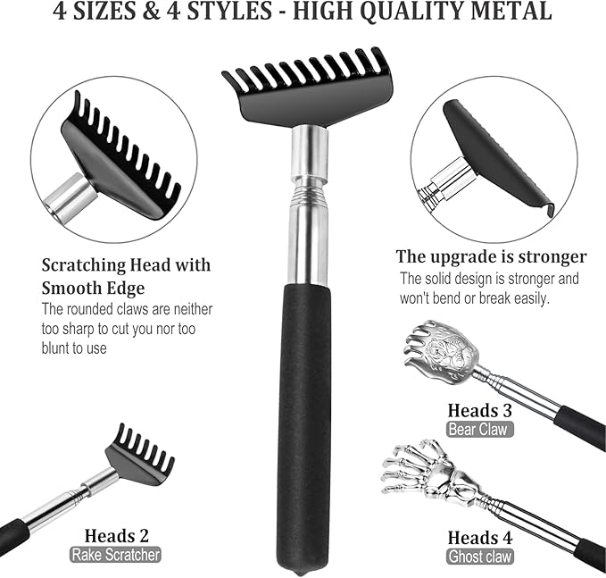 Oversized Back Scratcher Gift Set, 4 Pack Portable Extendable Stainless Steel Telescoping Massage Tool, Gift/Stocking Stuffers for Men Women