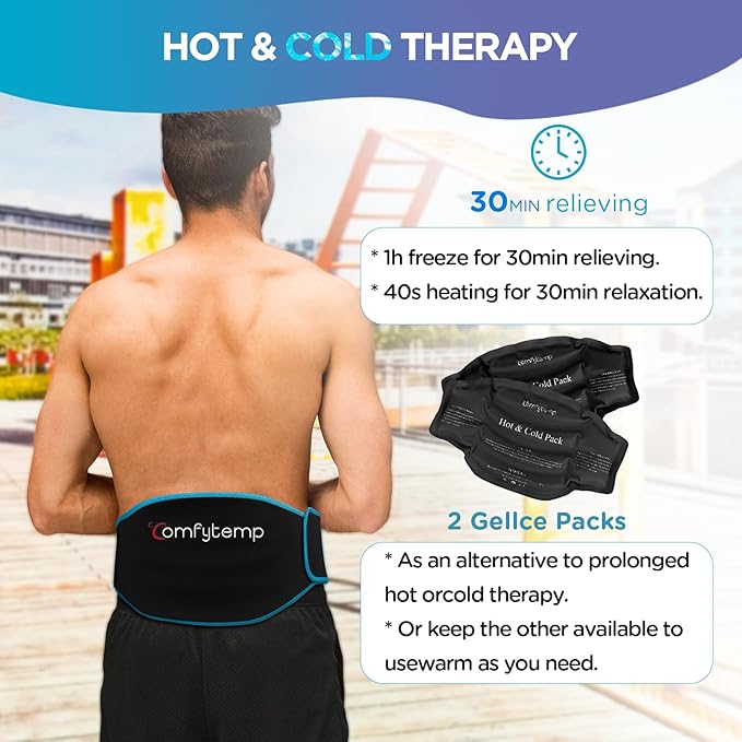 Comfytemp Ice Pack for Back Pain Relief, 2 Packs, Reusable Gel Lower Back Wrap Ice Brace for Sciatica Injuries, Hot Cold Compression for Lower Lumbar, Waist, Men Women Gifts (Black)