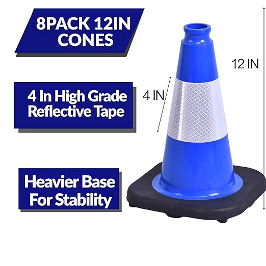 BESEA 6Pack 12 Inch Blue Traffic Cones with 4 Inch Reflective Collar, Heavy Duty PVC Safety Cones with 8.5 x 8.5 Inch Base for Parking, Driving Practice, Sports Training, and Construction